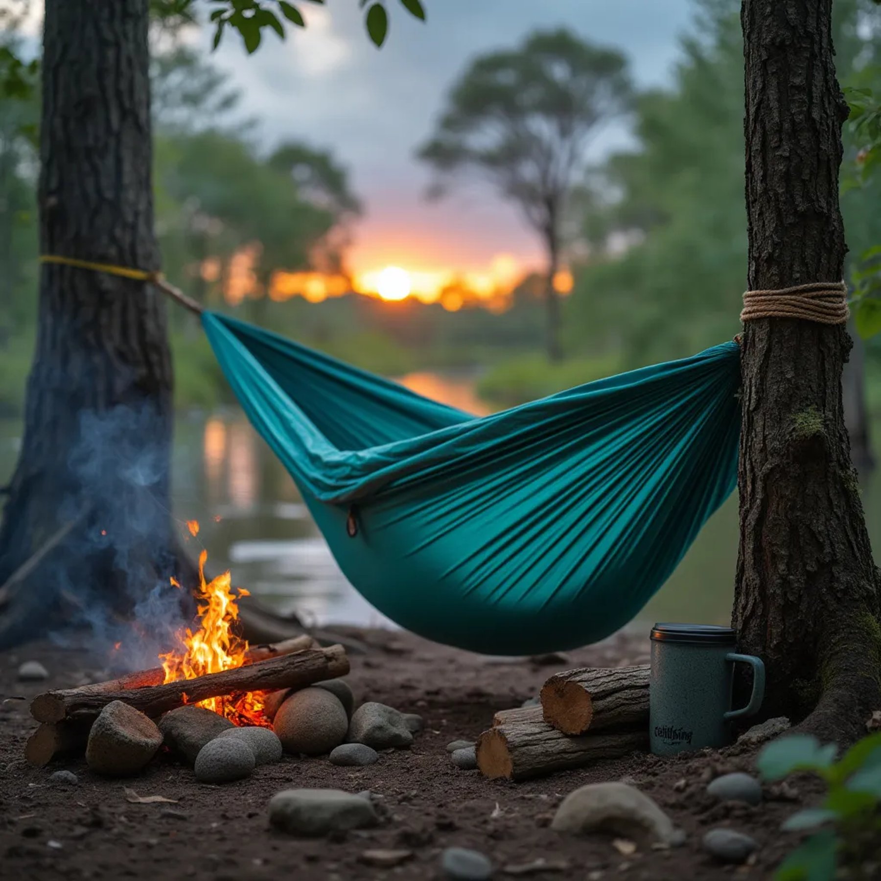 A turquoise hammock rests among the mangrove trees as a stormy sunset colors the sky. A warm campfire glows beside a mug on a log, while animal tracks, stones, and a delicate spider web add wild details.