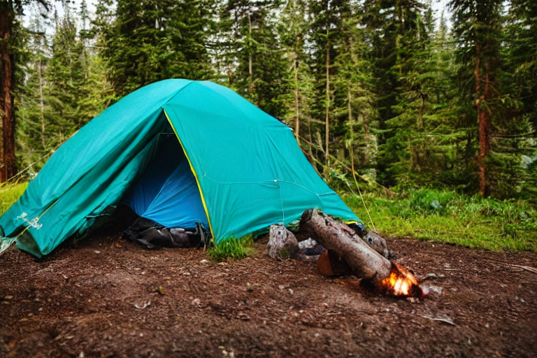 A teal tent rests in a grassy campsite beneath a misty mountain sky. A warm campfire glows on the dirt, while a person with a flashlight stands in the distance. Sunset light and fog create a calm, cozy feeling.