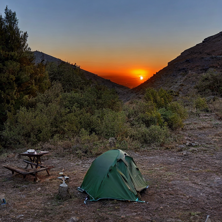 A forest-green tent rests on a dirt clearing among large stone slabs in snowy Santorini. A warm campfire glows beside a picnic table, while a person with a flashlight stands in the distance. The golden sky fades around the quiet moon.