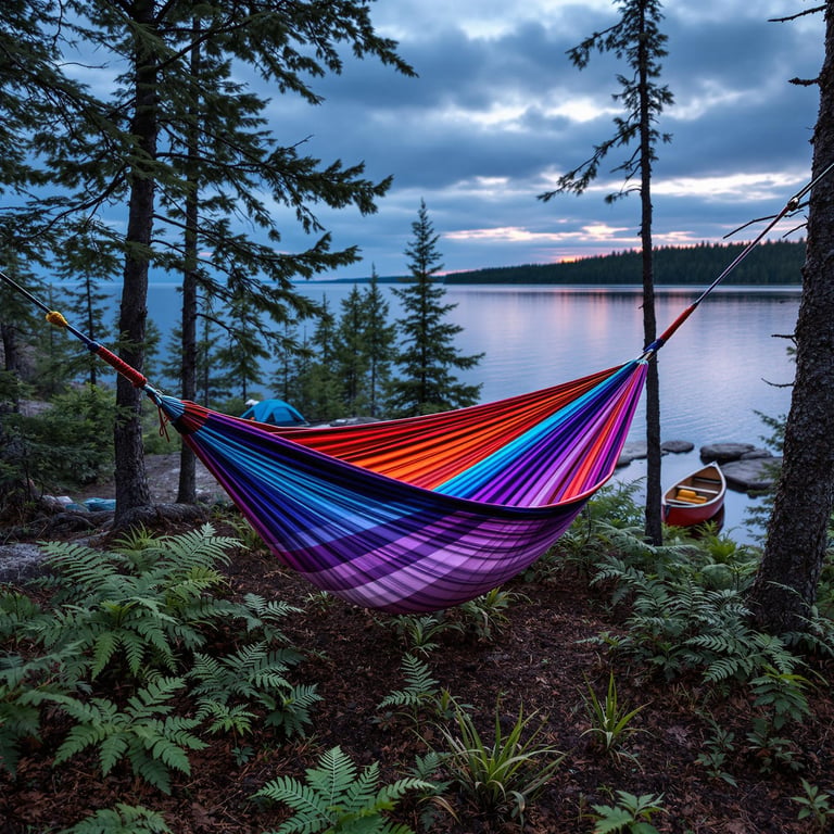 Nestled among tall trees, a colorful hammock swings gently by a peaceful lake. The sky glows with sunset colors, while a canoe rests silently by the shore. This campsite is perfect for dreaming and exploring.