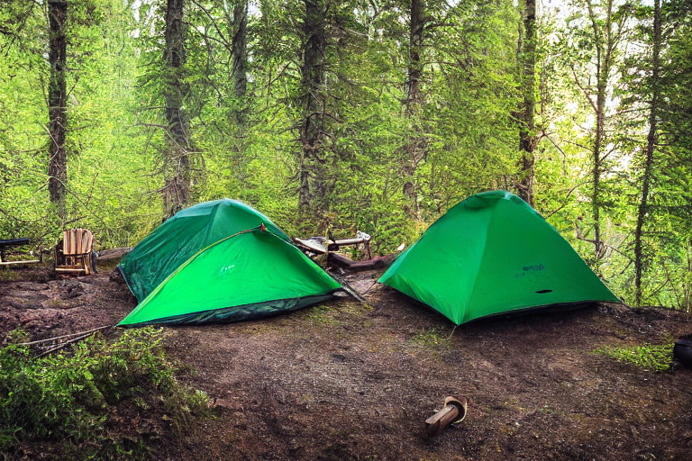 A green tent rests beside a quiet creek in a misty forest. A warm campfire glows between wooden logs, with chairs nearby. Above the campsite, bright northern lights shimmer across the night sky.