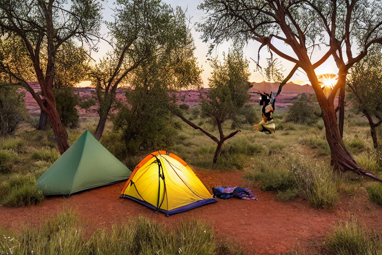 A green tent rests beneath towering red cliffs in Monument Valley as dusk settles in. A warm campfire glows beside a hammock, with hikers, wildflowers, and a backpack scattered around the dusty campsite.