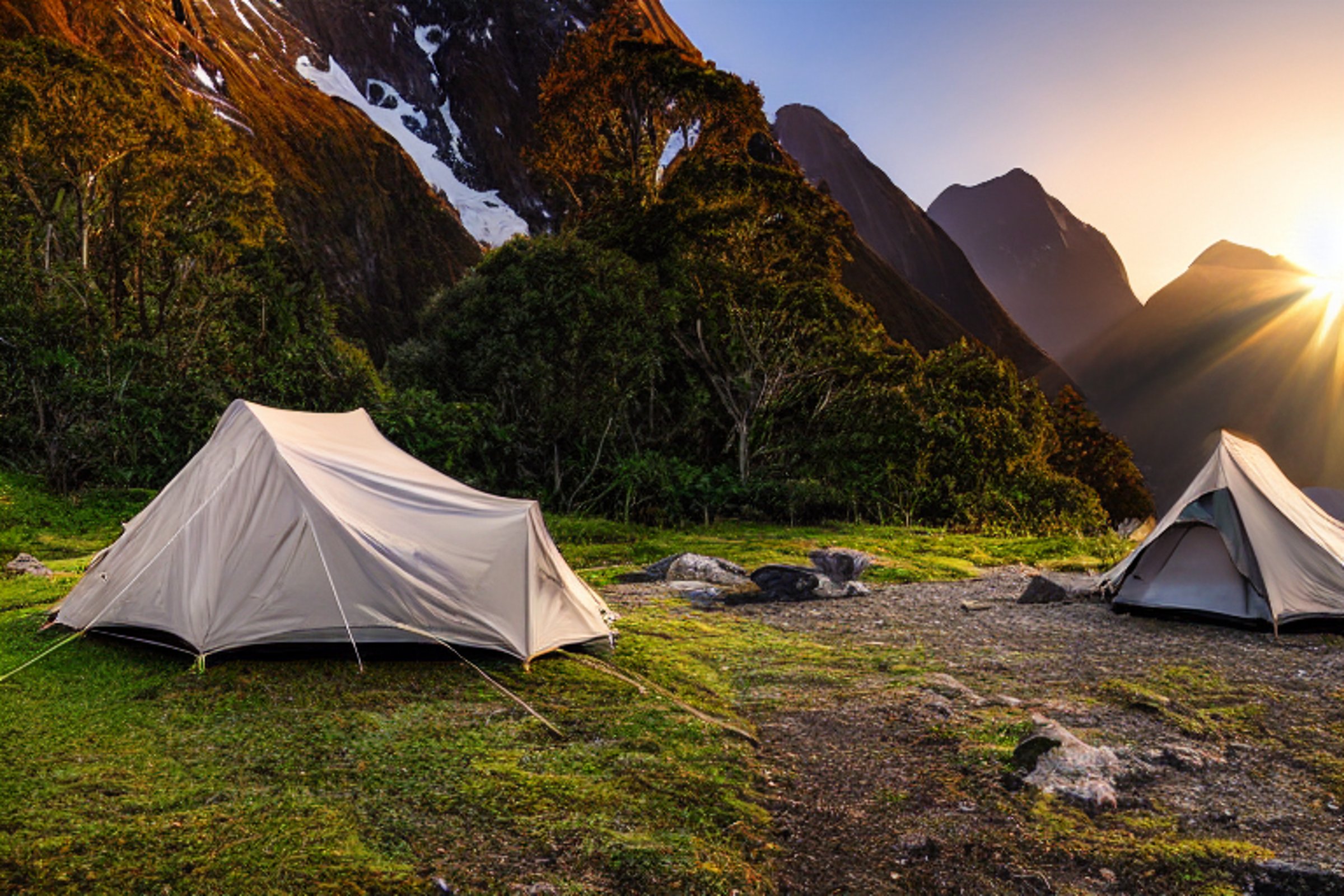A cozy tent rests on a paved campsite in Milford Sound as the sun rises. Tall mountains, a large rock, and scattered leaves surround the dirt clearing. Hikers enjoy the calm morning under a clear sky.