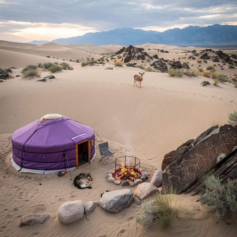 Soft gray clouds hang over wide, rolling sand dunes, making the whole place feel calm and quiet. A purple yurt sits in a sheltered dip by a few big rocks, with a small fire ring and a lone camp chair nearby. A dog sleeps curled up close to the warm coals, while a mule deer stands far away on a dune ridge. Faint carvings on the rock look like secrets from long ago.