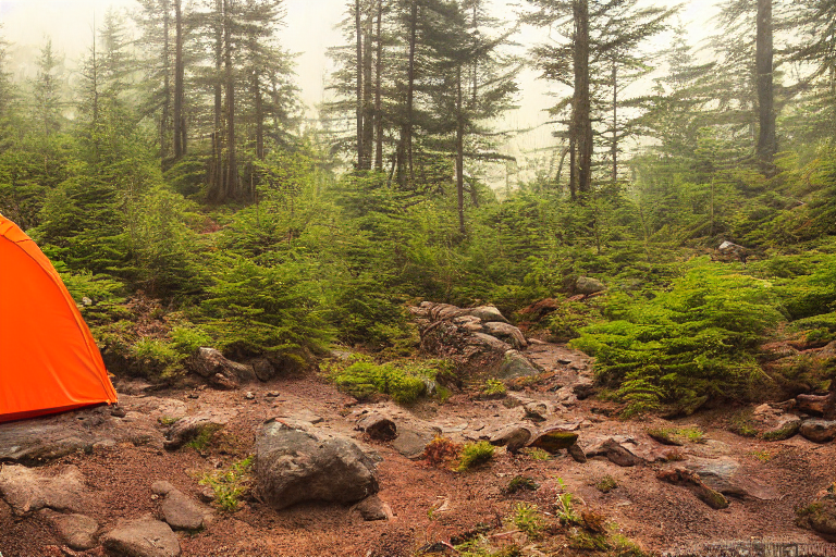 An orange tent rests on a rocky dirt campsite along the Maine coast. Ferns line the hiking path, while hikers move through the soft morning fog. Gentle sunrise light gives the scene a peaceful glow.