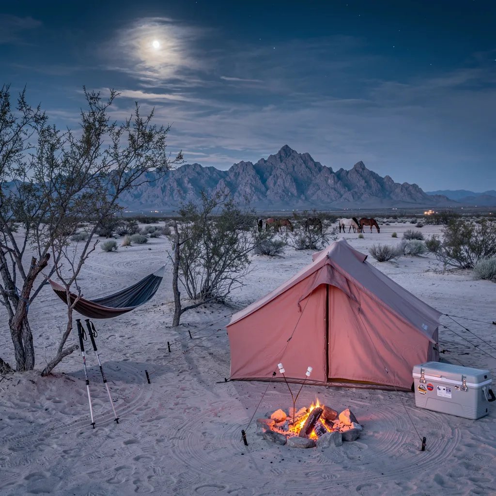 A dusty canvas tent sits on a sandy desert wash, with creosote and mesquite all around. A hammock hangs between two trees while a small campfire glows warm and bright. The moon rises over far-off mountains under thin, drifting clouds, and wild horses graze in the distance.