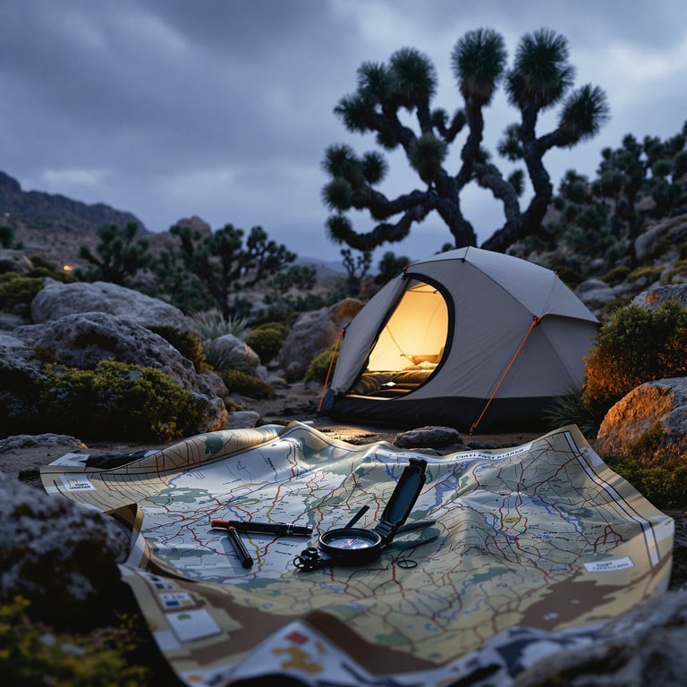 A cozy tent glows softly under a starry sky, nestled among rocky hills and twisty trees. A map and compass lay ready for adventure as the cool night air whispers through the desert. It's a perfect spot for stargazing and dreaming by the campfire.
