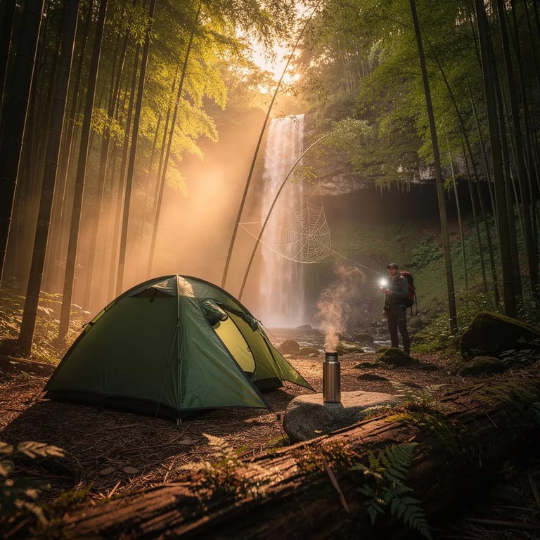 A cozy green tent sits in a quiet bamboo forest as the sun sets in warm gold light. Mist from a nearby waterfall drifts through the trees, making bright sunbeams in the air. A shiny thermos rests on a rock, and a tiny spider web sparkles between two stalks. Farther back, a lone hiker walks softly with a small flashlight.