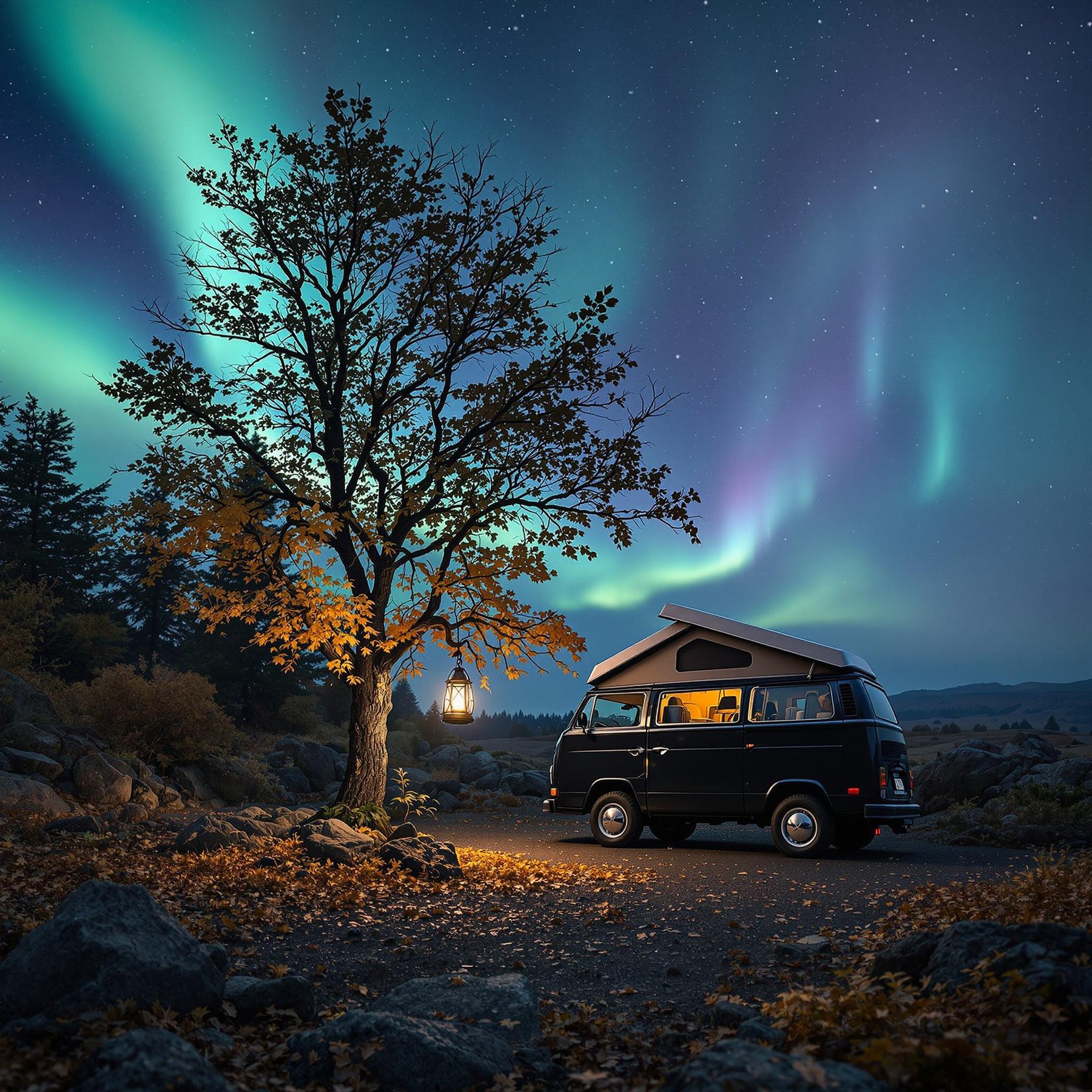 Under the shimmering Northern Lights, a cozy camper van rests beside a tree adorned with a glowing lantern. The starry night sky and gentle rustling leaves create a magical and peaceful atmosphere. It's the perfect spot for an unforgettable evening under the stars.