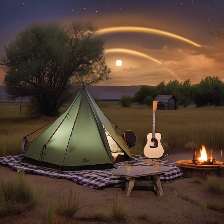 A cozy tan tent rests beside a hot spring under a cloudy sky lit by bright northern lights. A guitar leans near the campsite, with a picnic table and tall grass nearby.