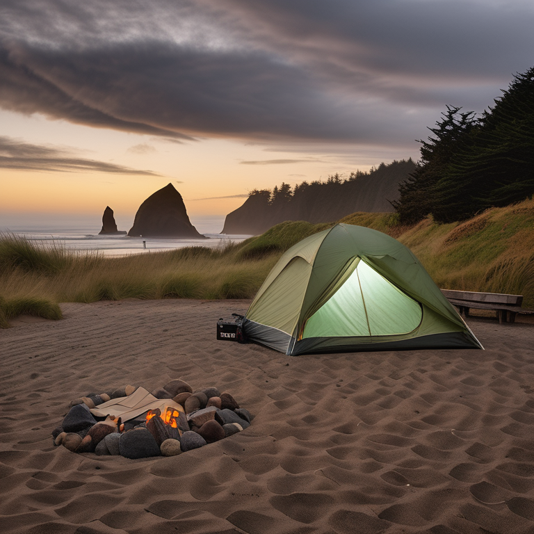 A brown tent rests on a gravel campsite near Cannon Beach as the rainy sunset colors the sky. A lantern and wooden guitar sit nearby, adding a cozy touch to the quiet seaside scene.