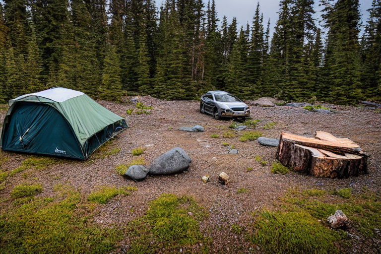 A cozy Subaru campsite rests beside a quiet creek under glowing northern lights. An open rooftop tent, a small campfire, and a large log sit among stones, leaves, and tall grass. Dark storm clouds make the scene feel wild and peaceful.