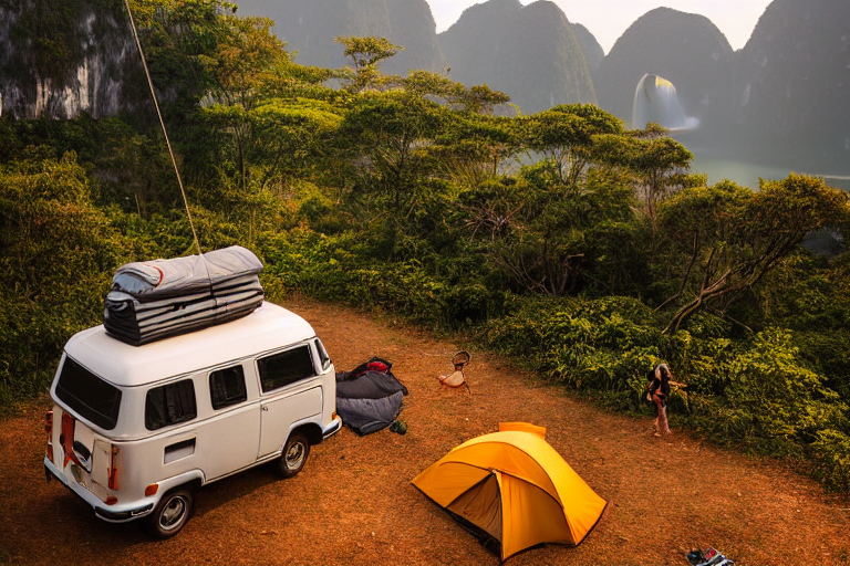 A black campervan rests beside a warm campfire on a sunny dirt clearing in Halong Bay. Golden light shines through fall-colored trees, with a hammock nearby and hikers enjoying the peaceful campsite.