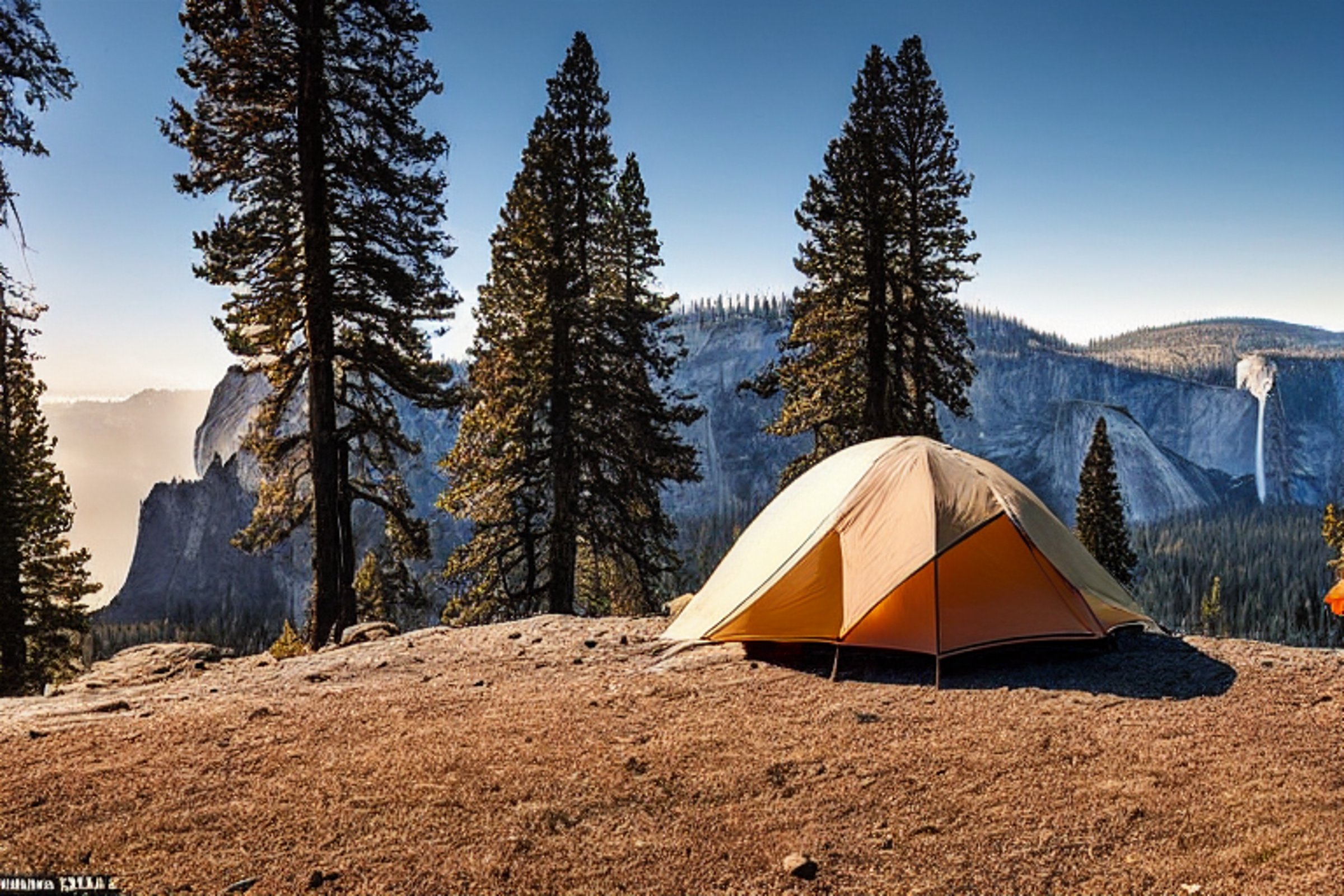 A cozy brown tent rests on a paved campsite beneath glowing northern lights. Tall trees, smooth boulders, and rolling hills fade into the fog, while distant deer and birds bring the quiet Yosemite scene to life.
