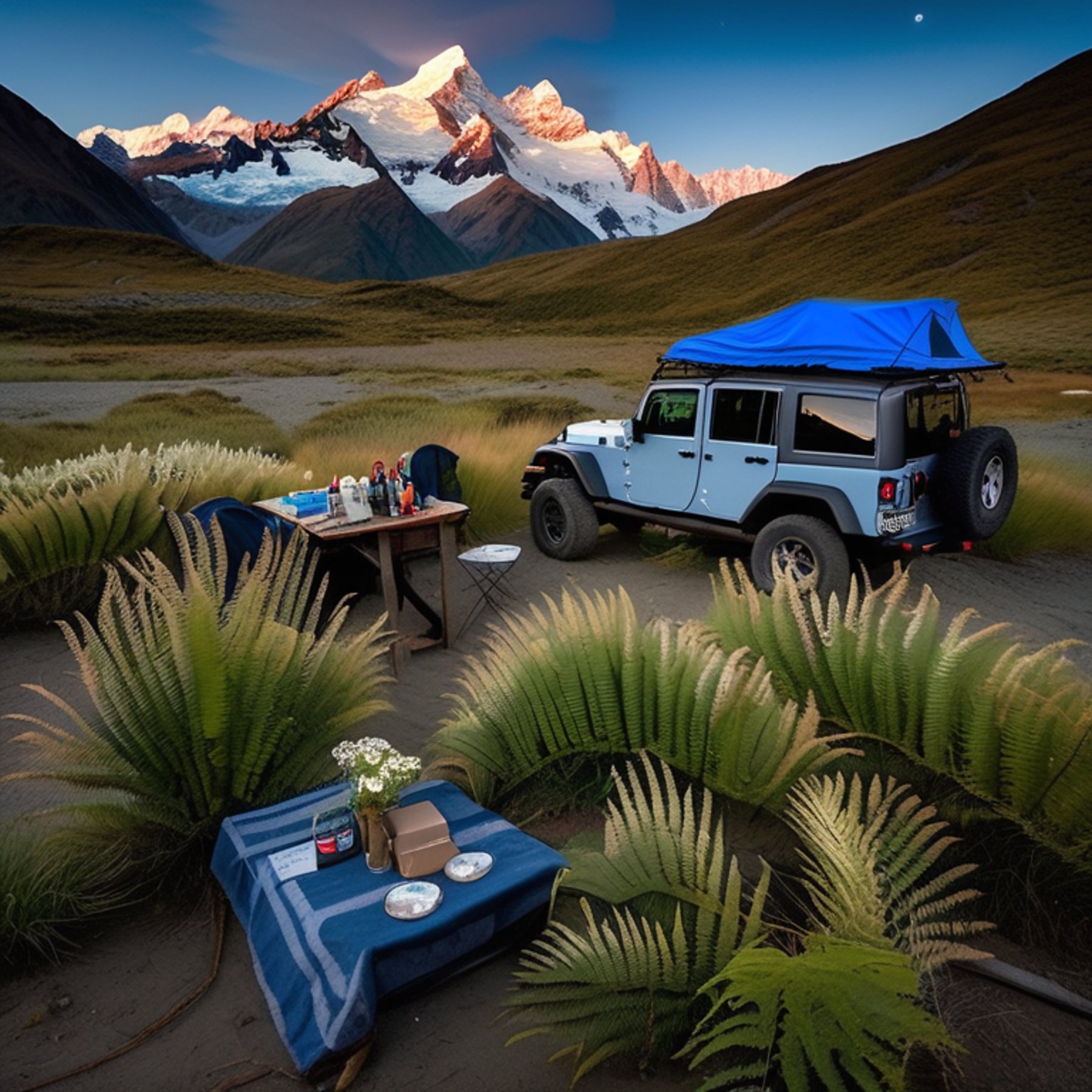 A blue and gray Jeep rests in a quiet dirt campsite beneath the cloudy night sky. Ferns and small flowers grow around the camp, with a rooftop tent and camping gear ready for the night.