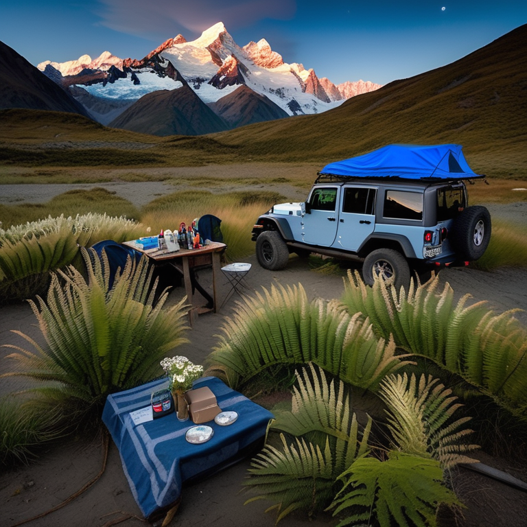 A blue and gray Jeep rests in a quiet dirt campsite beneath the cloudy night sky. Ferns and small flowers grow around the camp, with a rooftop tent and camping gear ready for the night.
