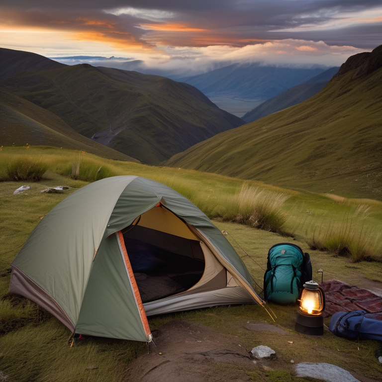 A green and tan tent rests on a paved mountain campsite at dusk. A backpack sits on the rough ground nearby, while a deer stands quietly in the distance. Cloudy skies and towering mountains create a calm, wild atmosphere.