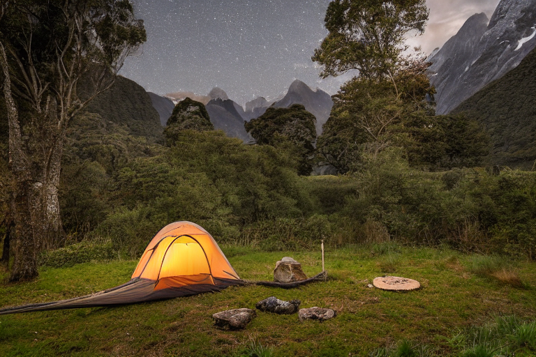 A cozy tent rests beside a warm campfire in the rainy wilderness of Milford Sound. Stone slabs, tall grass, fallen leaves, and a hammock create a peaceful outdoor retreat.