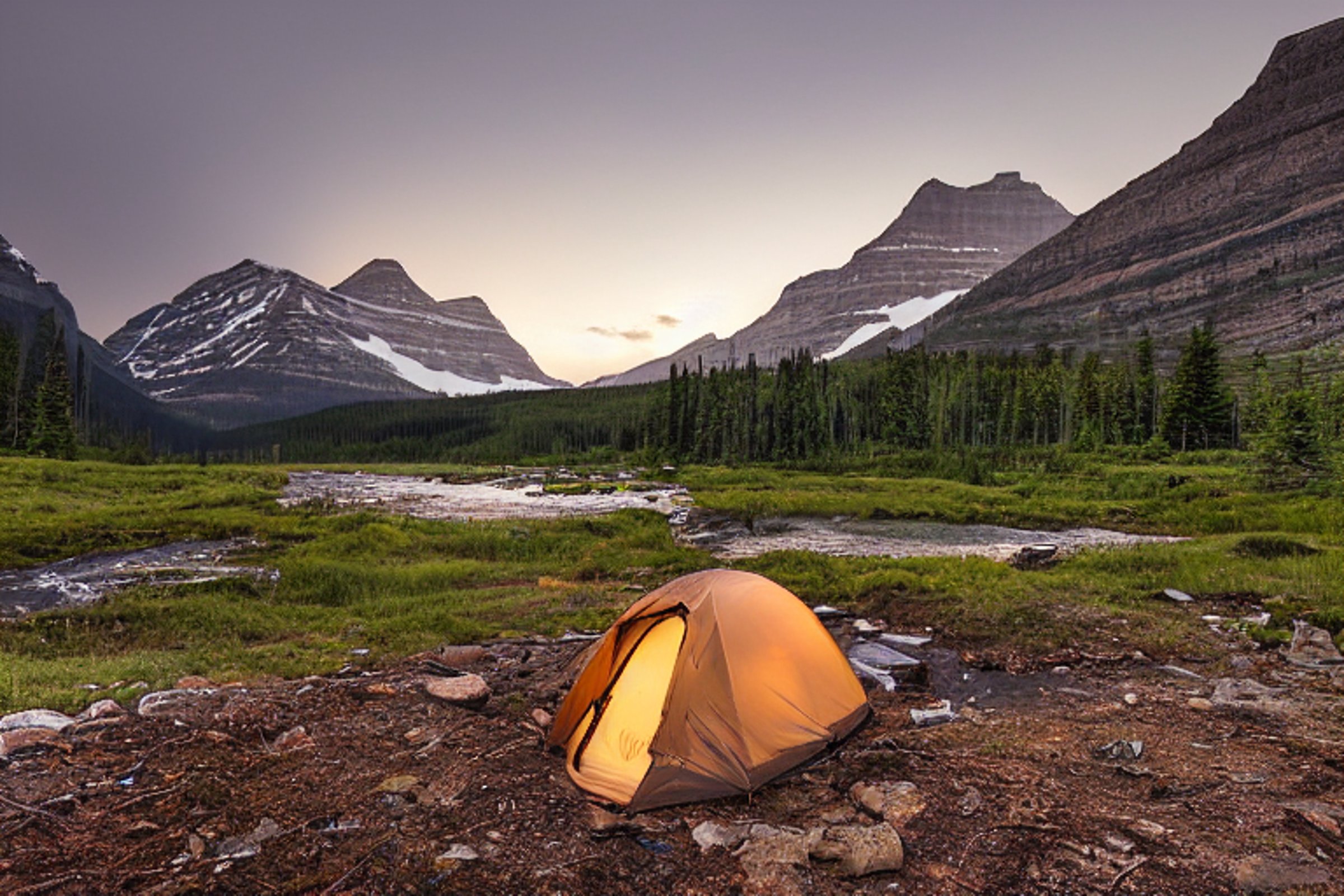 A brown tent rests on a dirt patch beside a paved campsite as rain falls at sunset. A clear stream winds through the camp, while a distant camper shines a flashlight nearby.