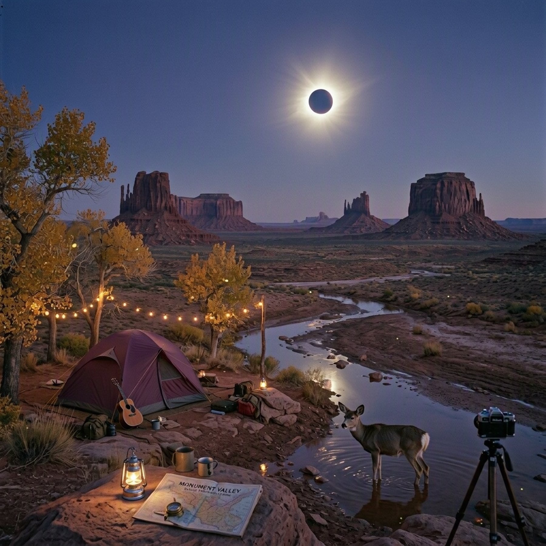 A plum-colored tent rests beside a quiet wash beneath towering red sandstone buttes. A mule deer stands in the shallow water as golden trees glow in the eerie light of a total eclipse. Warm string lights, a guitar, and camping gear make the peaceful scene feel magical.