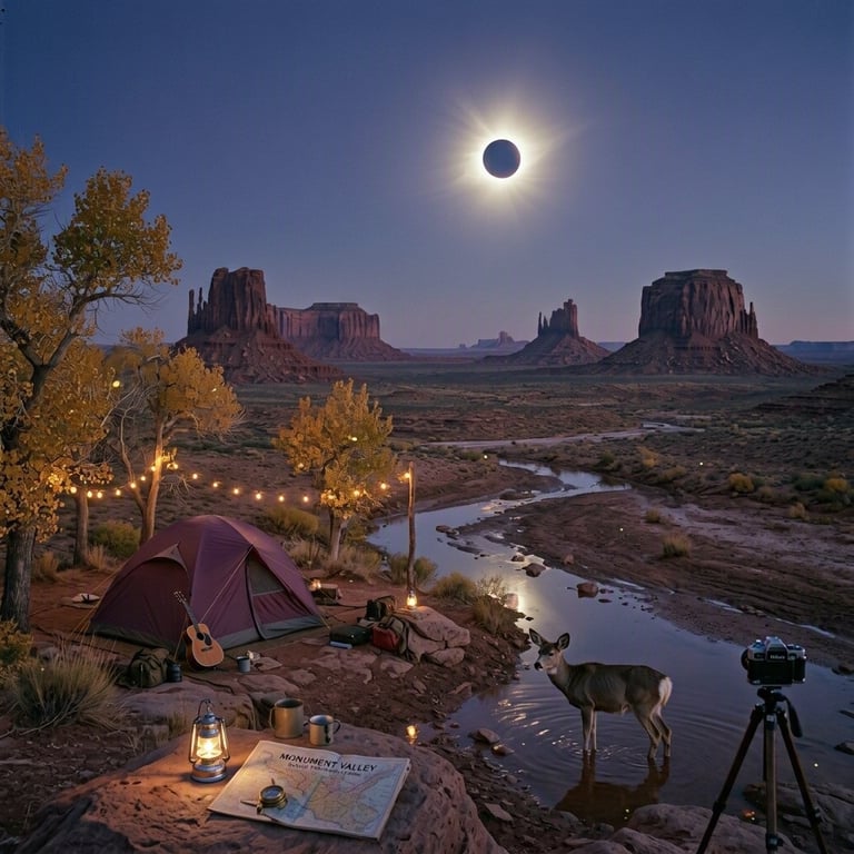 A plum-colored tent rests beside a quiet wash beneath towering red sandstone buttes. A mule deer stands in the shallow water as golden trees glow in the eerie light of a total eclipse. Warm string lights, a guitar, and camping gear make the peaceful scene feel magical.