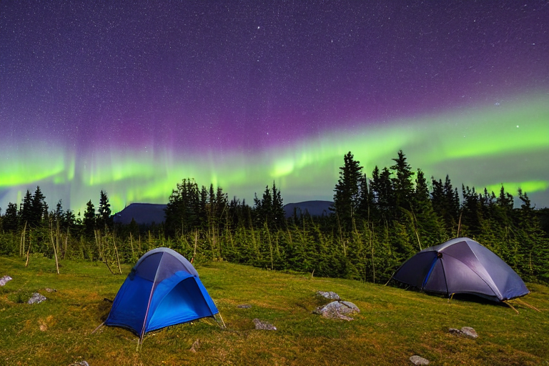 A bright blue tent rests on a quiet paved campsite beneath glowing northern lights. Camping chairs, large boulders, and a hiking path sit nearby, while deer wander in the distance and waves roll along the shore.