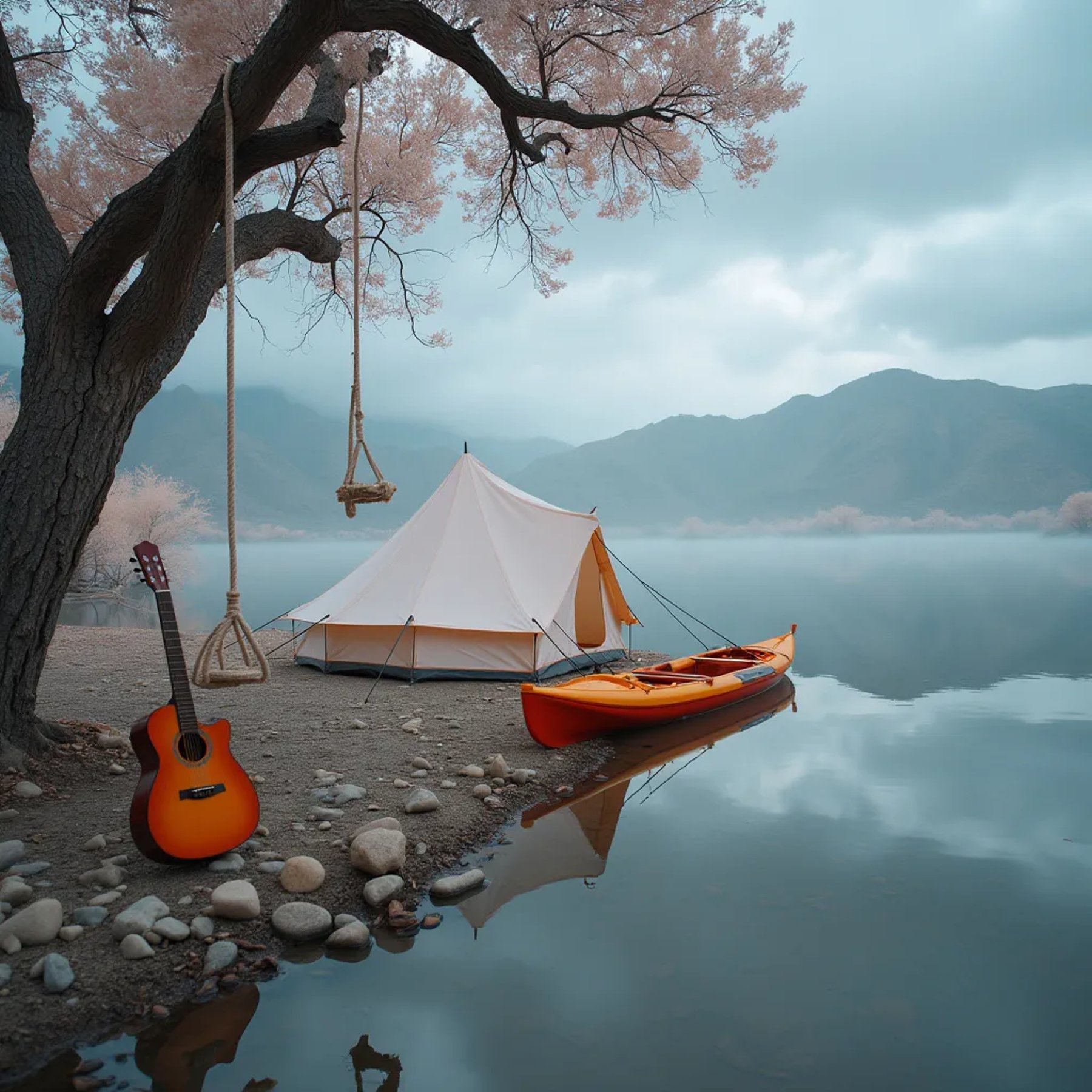A white tent rests by the quiet water beneath Monument Valley’s towering red cliffs. Morning fog softens the scene, while the water mirrors the campsite. A kayak, wooden guitar, and rope swing add a cozy touch.
