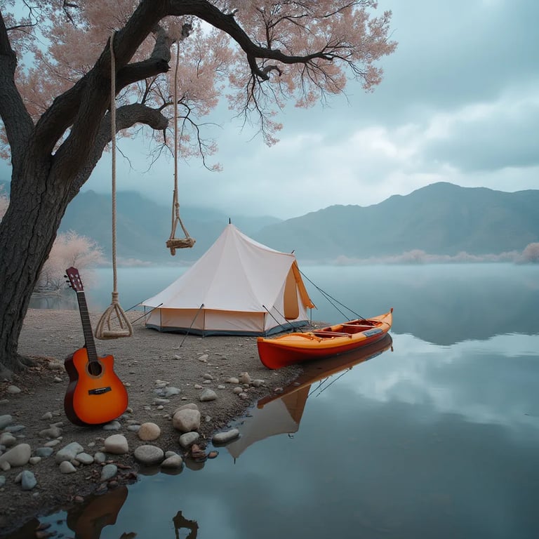 A white tent rests by the quiet water beneath Monument Valley’s towering red cliffs. Morning fog softens the scene, while the water mirrors the campsite. A kayak, wooden guitar, and rope swing add a cozy touch.