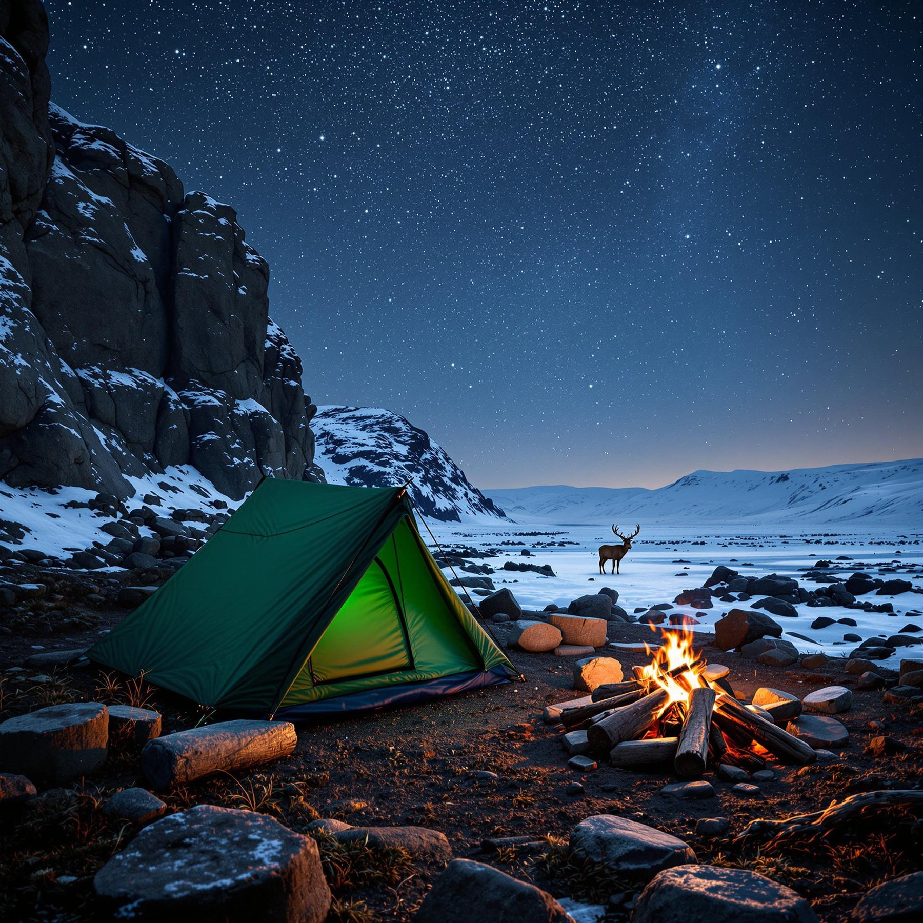 Under a sparkling night sky, a cozy tent glows warmly near a crackling campfire surrounded by snowy mountains. A curious deer stands in the distance, adding a touch of magic to the scene. The peaceful winter setting invites quiet adventures and stargazing dreams.