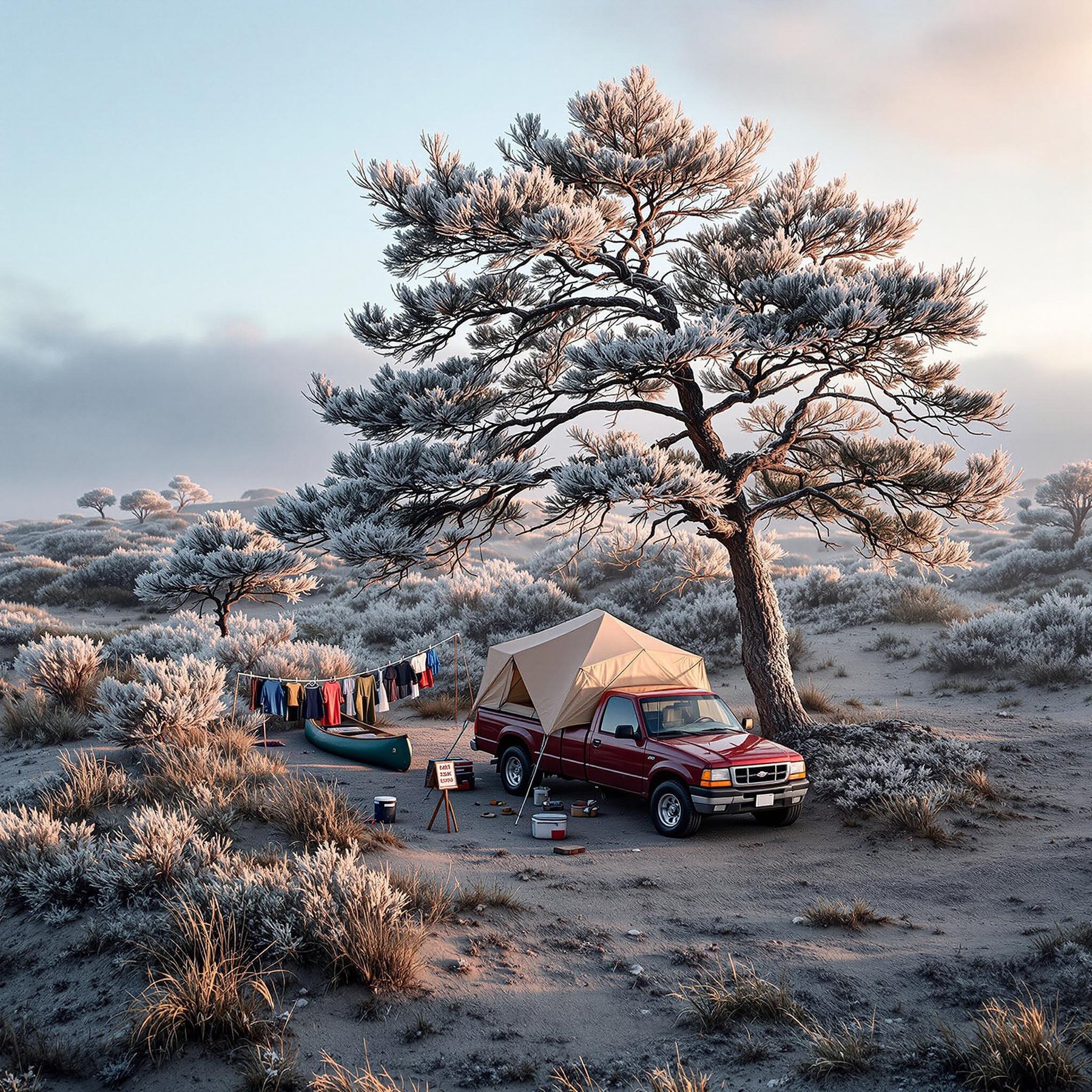 A cozy tent perches on a red truck under a frosty, white-capped tree in a dreamy, wintry landscape. Nearby, colorful clothes hang cheerfully in the crisp air, while a green canoe waits for adventure. The scene feels peaceful and magical, like a winter fairy tale.
