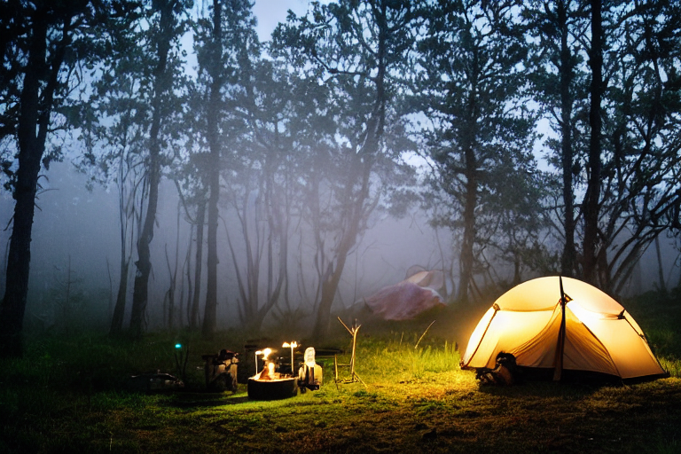 Two forest-green tents sit beside a warm campfire in the misty hills of Hawaii. A white cooler and a clothesline add a cozy camping touch, while deer and a person with a flashlight move quietly in the distance.