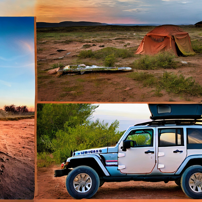 A blue Jeep with a rooftop tent rests beside a warm campfire in a quiet petrified forest. A dirt trail winds through berry bushes, while cloudy sunset light fills the campsite with a cozy glow.