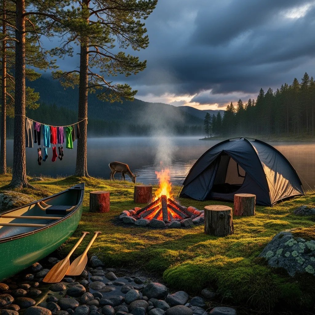 A quiet tent sits on soft green moss by a dark blue lake, glowing in the golden evening light. A small campfire crackles beside simple wooden stools, while a green canoe rests on the shore. Clothes sway on a line between tall pines, and a lone deer grazes at the edge of the forest. Thick clouds and light mist make the whole scene feel calm and a little bit mysterious.