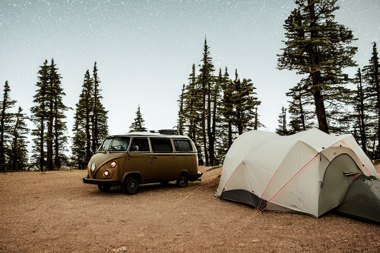 A black camper van rests beside a warm campfire under glowing northern lights. Fog drifts around the sandy dunes, small trees, and stone-covered ground, while a nearby tent shines with soft light.