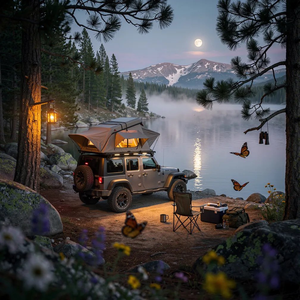 A quiet lakeshore campsite sits among tall pine trees as the moon rises and a soft mist drifts by. Calm water shines with silver moonlight, and big granite rocks and wildflowers dot the ground. A Jeep with a rooftop tent is parked near the shore, with a warm lantern glowing from a branch. A few bright butterflies float through the cool evening air.