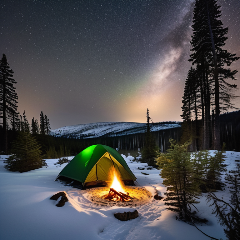 A green tent rests in a snowy forest beside a warm, glowing campfire. Tall grass, rough ground, and a dirt trail surround the campsite, with a large rock nearby.