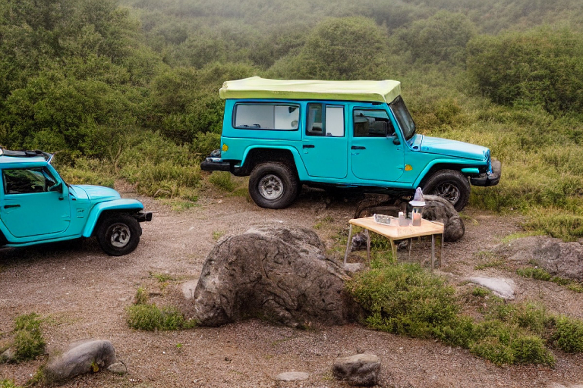 A teal Jeep with its rooftop tent open rests at a quiet campsite near a warm hot spring. Fog drifts around the large bushes, stone-covered ground, and nearby picnic table. Hikers enjoy the peaceful outdoor setting.