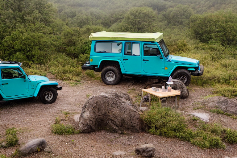 A teal Jeep with its rooftop tent open rests at a quiet campsite near a warm hot spring. Fog drifts around the large bushes, stone-covered ground, and nearby picnic table. Hikers enjoy the peaceful outdoor setting.