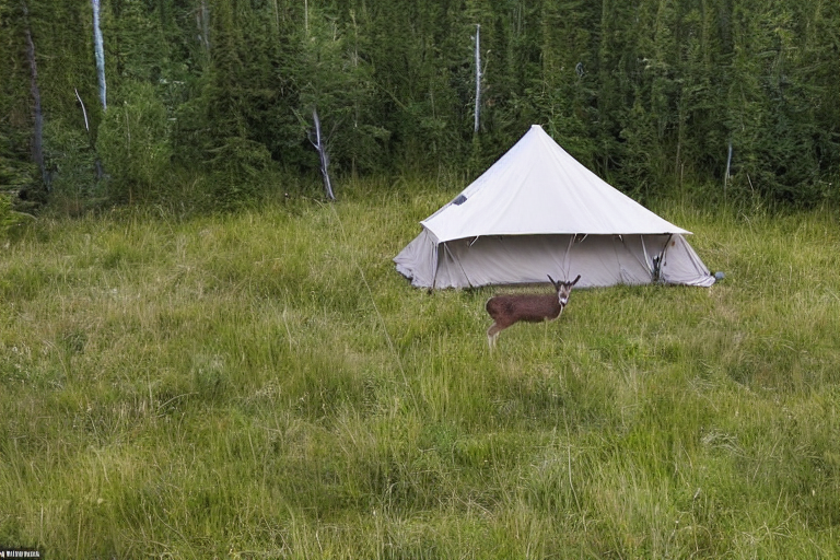 A black tent rests on a paved campsite surrounded by tall, overgrown grass. Clothes hang on a line as rain falls beneath the soft sunset sky. A deer stands quietly in the distance near the wild forest.