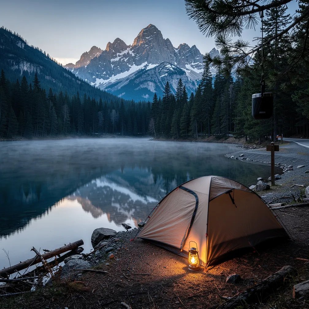 A quiet alpine lake glows in the first blue light of dawn, with thin mist drifting over the water. A small tent sits by the shore, and a warm lantern shines like a tiny campfire. Tall evergreens frame the campsite, and snowy granite peaks rise in the distance, reflected in the calm lake.
