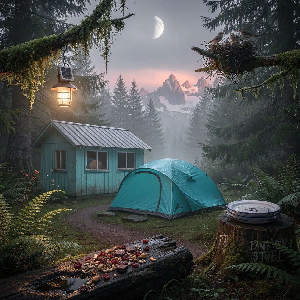 Dawn fog drifts through a quiet rainforest clearing, where a small tent and a bright turquoise cabin sit close together. A solar lantern hangs from a mossy branch, and a bird’s nest rests high in a nearby tree. Dew sparkles on the tent while trail mix spills across a wet log and enamel plates are stacked on a stump. Far away, a pale eclipse peeks through the clouds as the mountain ridge glows softly.