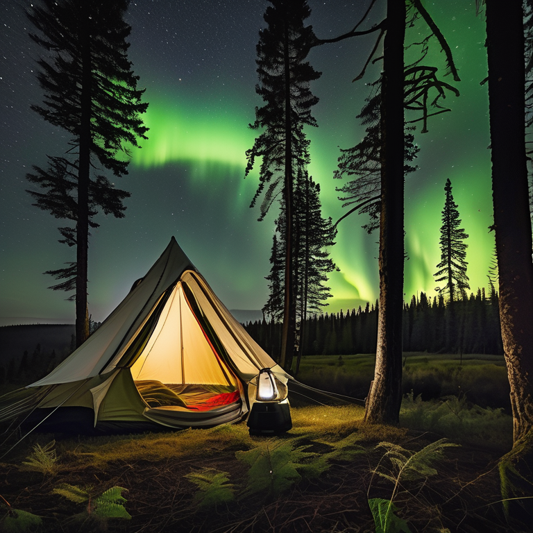 A white tent rests on a quiet campsite beneath glowing northern lights. Tall trees, soft fog, and overgrown grass surround the dirt clearing, while a hammock hangs nearby and a lantern casts a warm glow.
