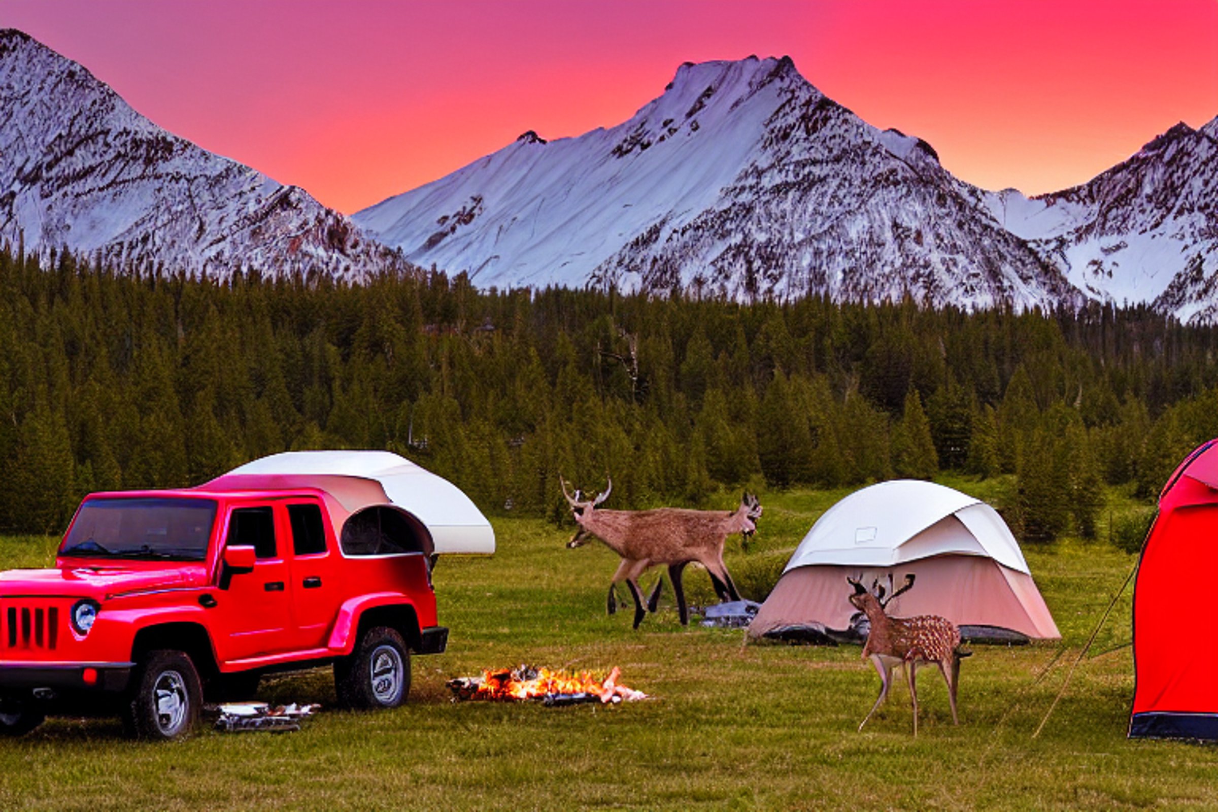 A red jeep with a rooftop tent rests beside a warm campfire in snowy Montana. Mountains rise in the distance, while deer wander near a gentle stream. Clothes sway on a line as the sun sets over the peaceful campsite.