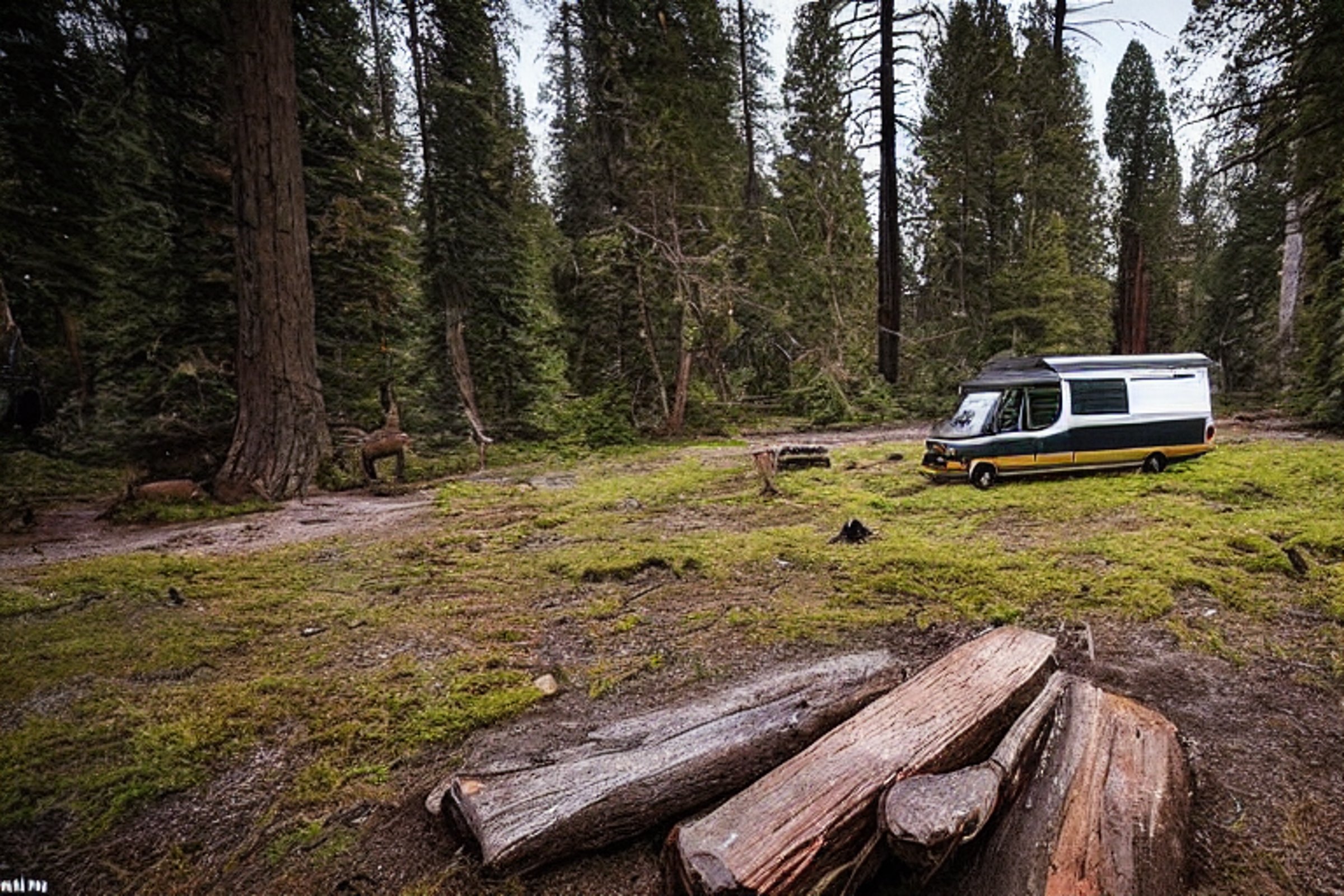 A green camper van rests on a rocky dirt campsite in a mossy forest. A warm campfire glows beside a large log as fog drifts through the trees. Above, a bright moon shines through a sky full of stars.