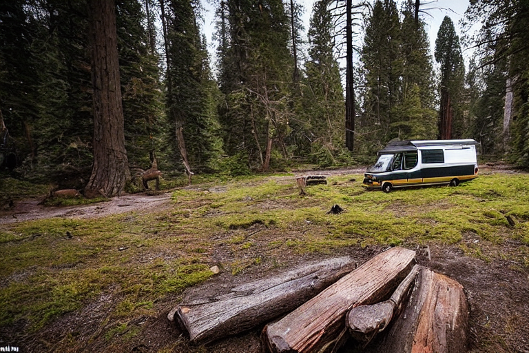 A green camper van rests on a rocky dirt campsite in a mossy forest. A warm campfire glows beside a large log as fog drifts through the trees. Above, a bright moon shines through a sky full of stars.