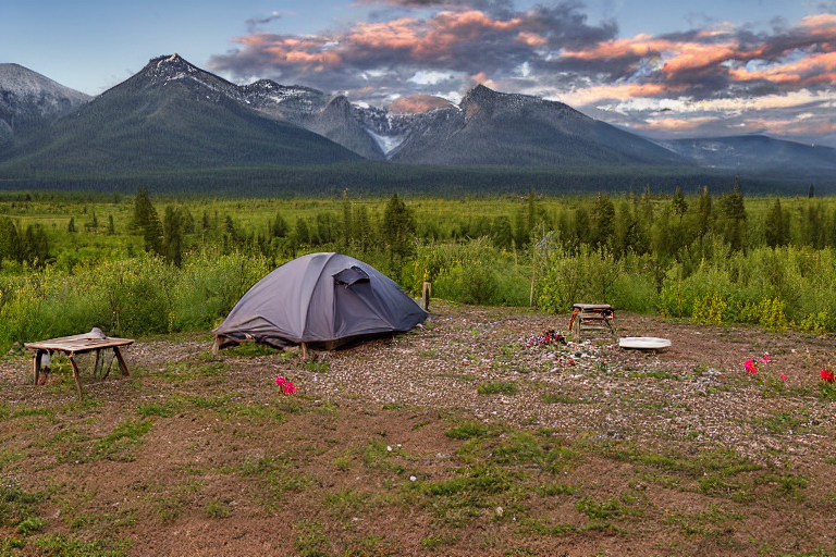 A black tent rests on a quiet dirt campsite in Montana as the sun rises. Boulders, small stones, and wildflowers surround the camp, with a picnic table nearby under a clear sky.