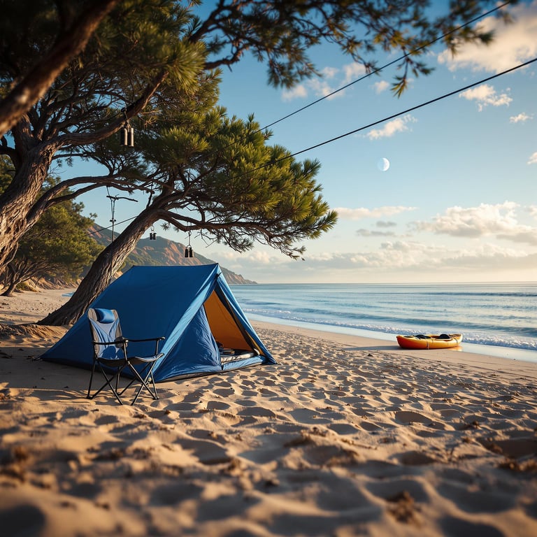A blue bivy sack rests on a quiet beach beside a camping chair and a kayak. Binoculars hang from a nearby tree, while soft sand dunes stretch into the distance. High above, a pale moon shines in the clear midday sky.