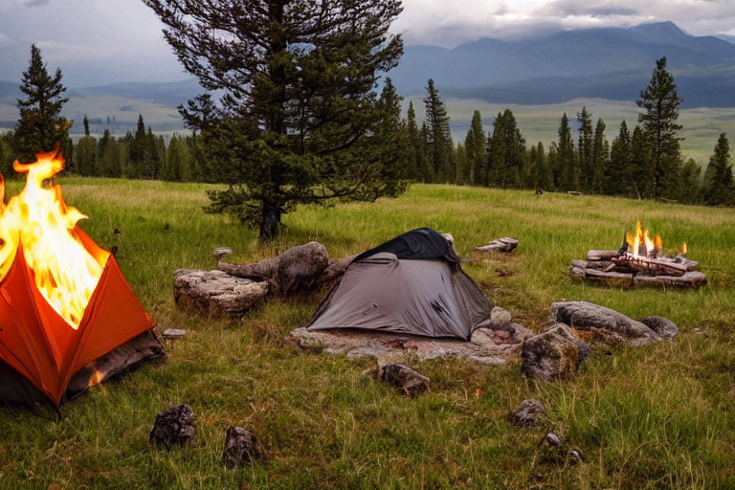 A cozy brown tent rests beside a stone-ringed campfire in the Montana hills. Wildflowers brighten the ground, while birds fly under the cloudy sky and deer graze in the distance.