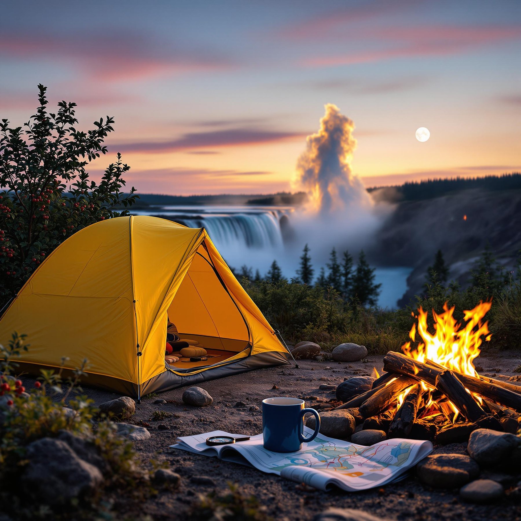 A bright yellow tent glows beside a crackling campfire under a full moon. Niagara Falls shines nearby, with berries, stones, and a camping mug resting on a log. In the distance, tall geysers burst into the night sky.