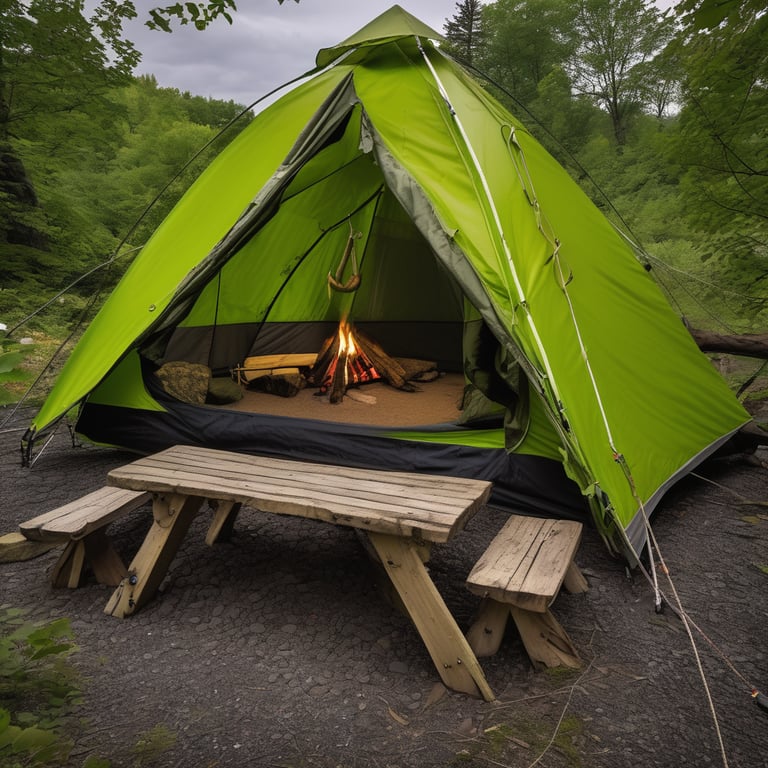 A bright lime green tent rests beside Niagara Falls under a starry night sky. Stone slabs, berry bushes, and a small camping stove on a picnic table create a cozy camp high above the ground.